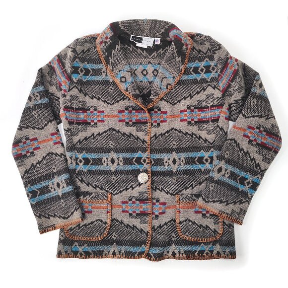 Rhonda Stark Blanket Jacket Wool Blend Concho Western Long Blazer Aztec USA M - Picture 9 of 12